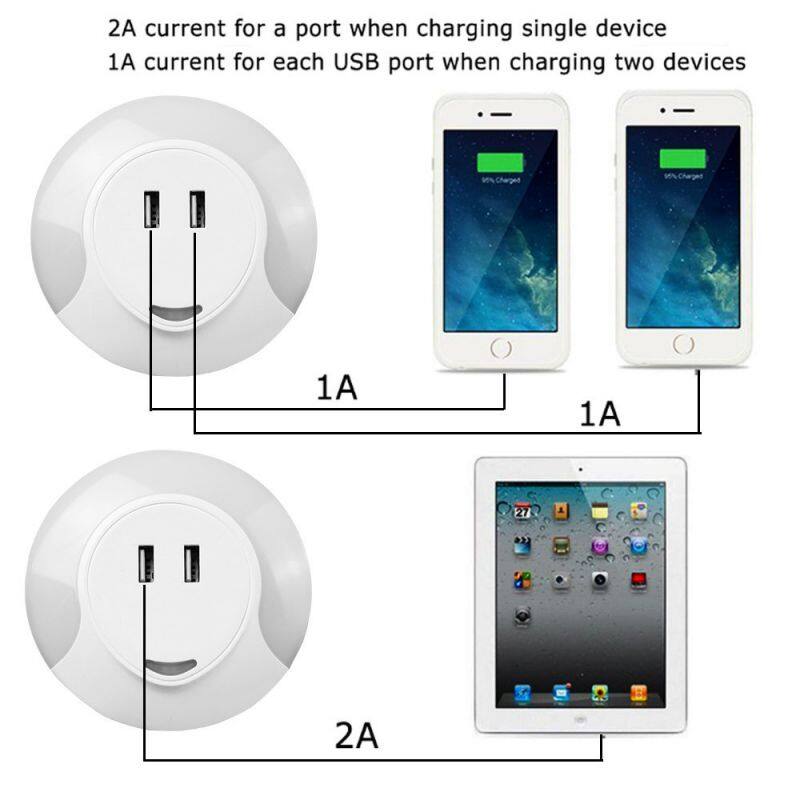 Dual USB Wall Charger Led Sensor Night Lamp With Auto Mode And Always On/Off Mode