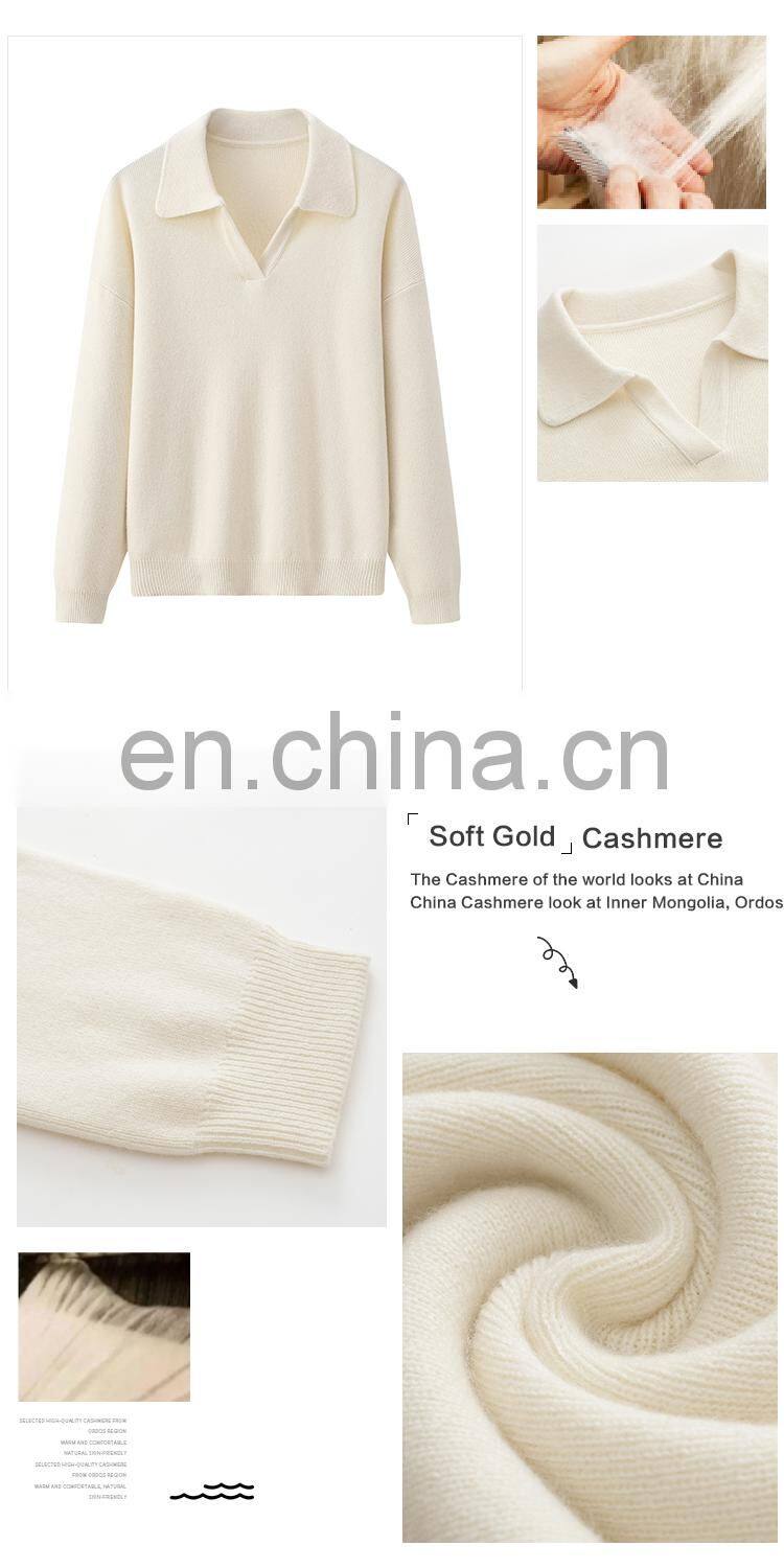 Wholesale 100% Pure Cashmere Pullover Knit Sweater British Style Casual Winter Fashion with Turn-Down Collar and Front Logo