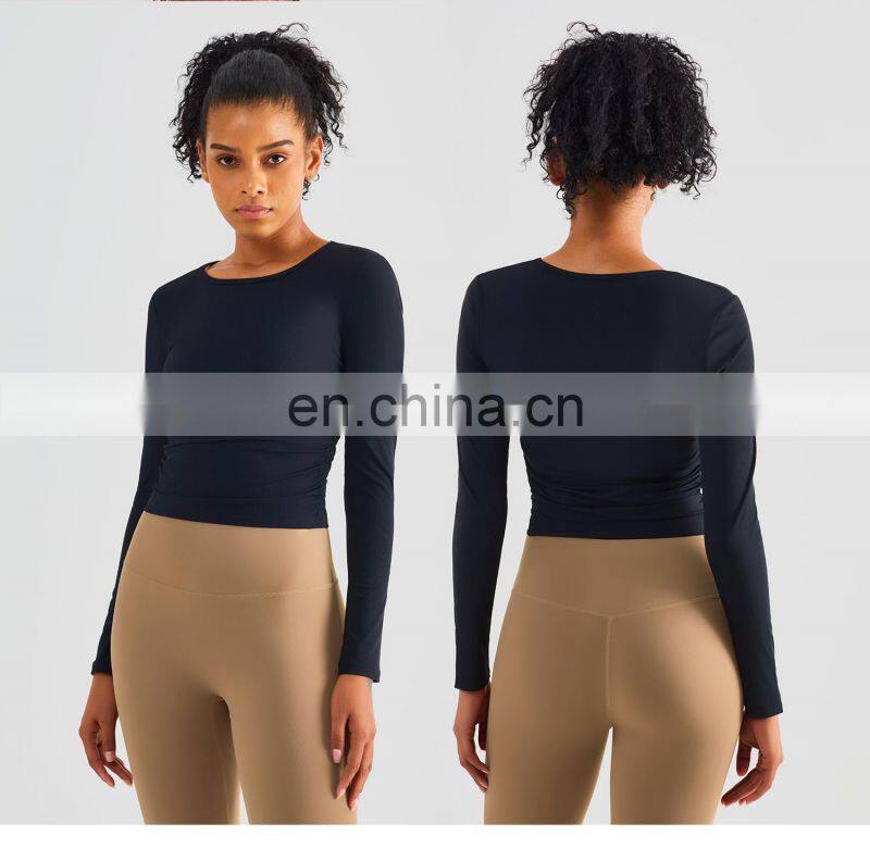 Ribbed Side Folding Yoga Tight Tshirts Factory Sale Women Long Sleeve Outdoor Sports Tops