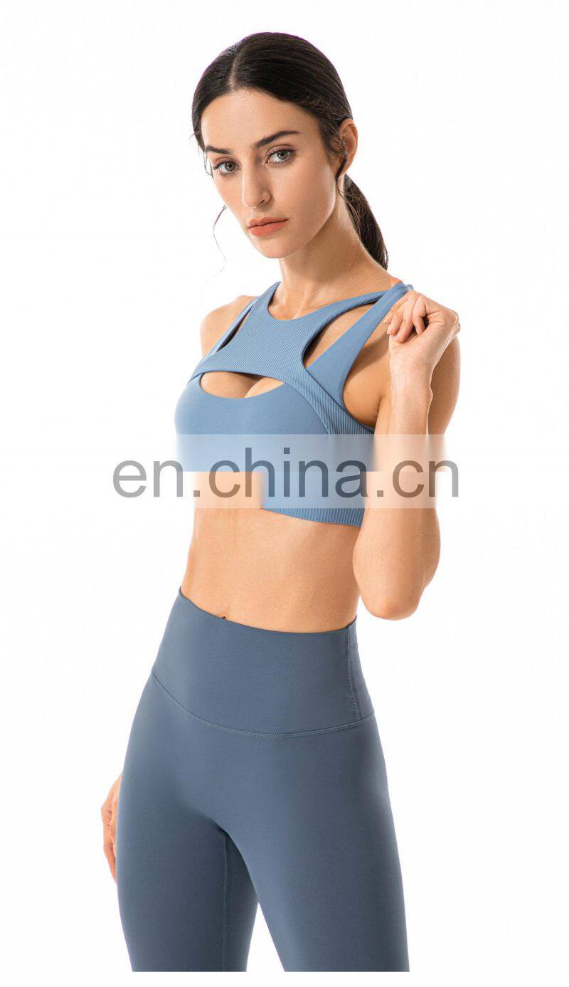 Private Label Workout Sports Bra Leggings Ribbed Hollow Out Sexy Yoga Bra Gym Wear