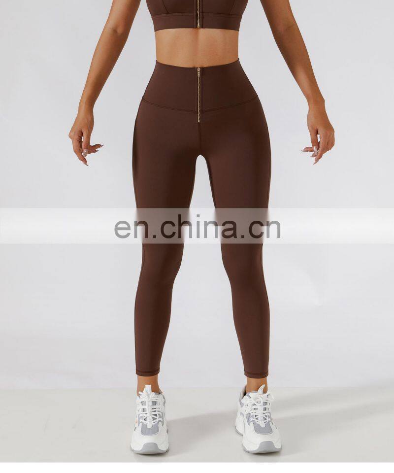 Front Zip Waist Yoga Leggings Factory Sales High Rise Peach Butt Tight Sports Pants