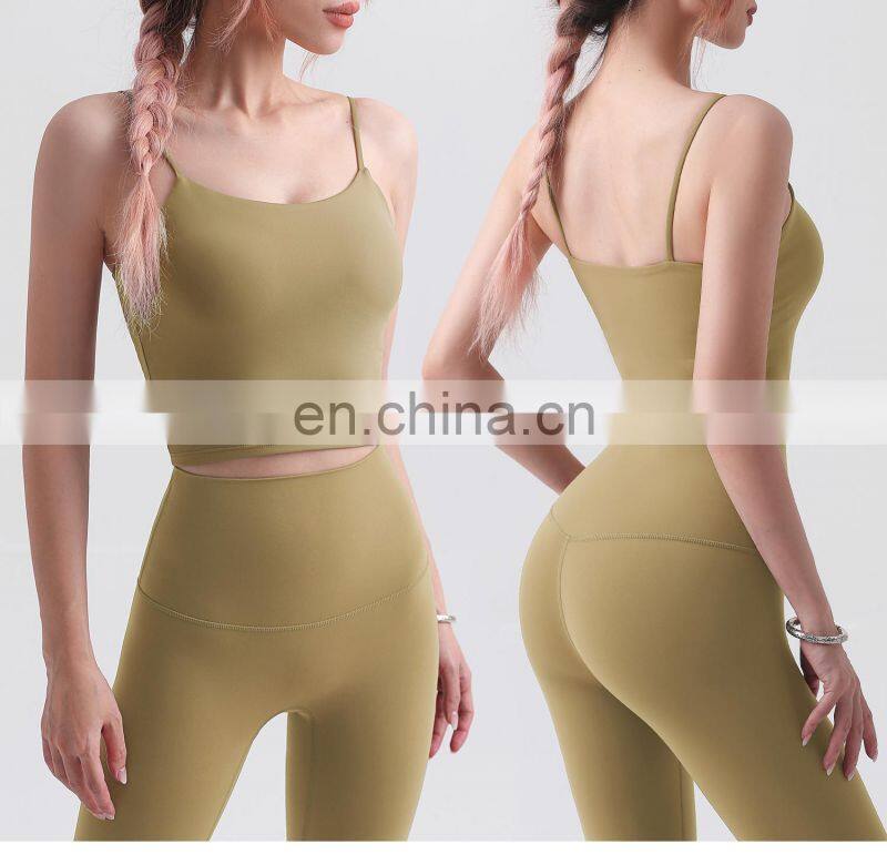 Custom 2 In 1 Design Longline Thin Straps Sports Bras Wide Hem Women Tank Tops