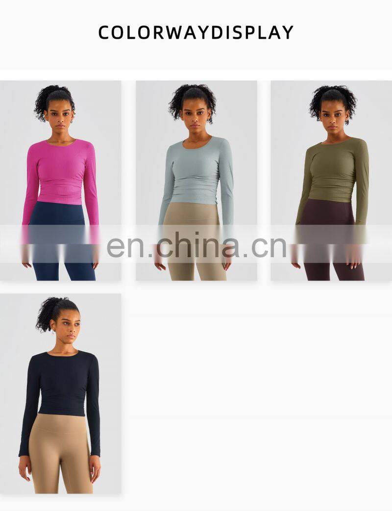 Ribbed Side Folding Yoga Tight Tshirts Factory Sale Women Long Sleeve Outdoor Sports Tops