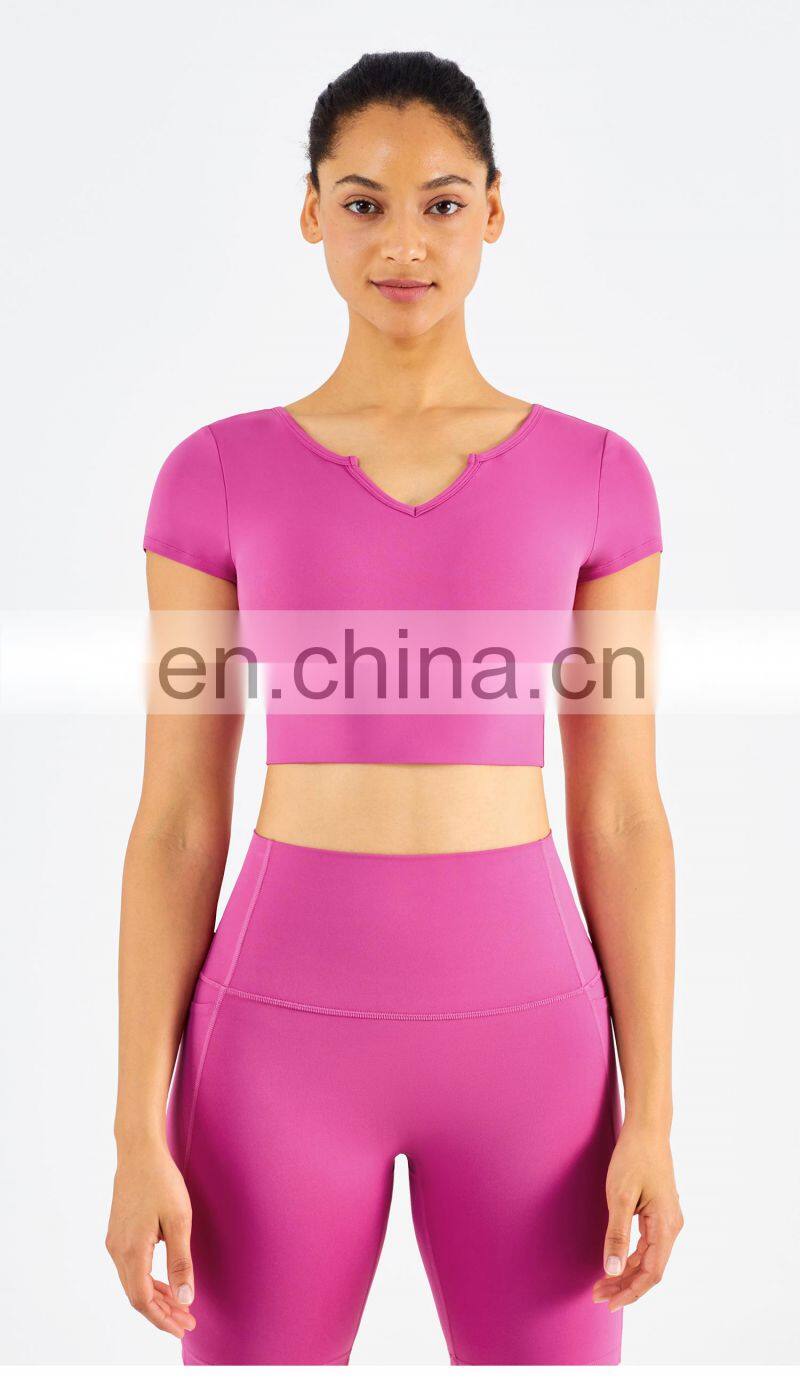 Cute Women's Sports V Neck T-Shirts With Padded Slim Short Sleeve High Strech Spandex