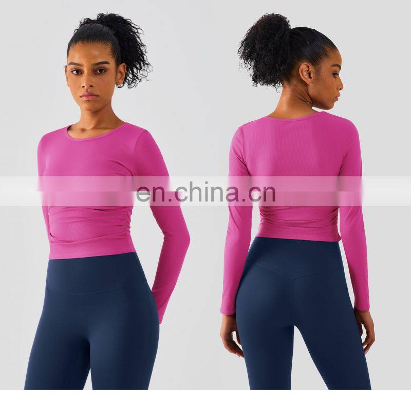Ribbed Side Folding Yoga Tight Tshirts Factory Sale Women Long Sleeve Outdoor Sports Tops