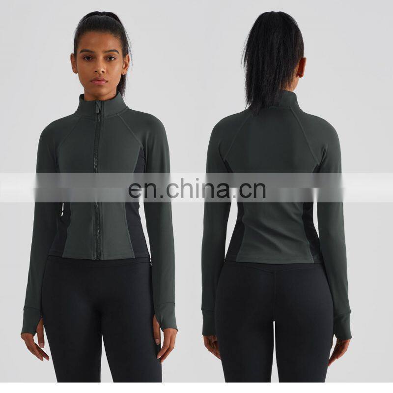 Contrasting Colors Silm Women Yoga Outdoor Jackets Custom Zipper Long Sleeves Sports Wear