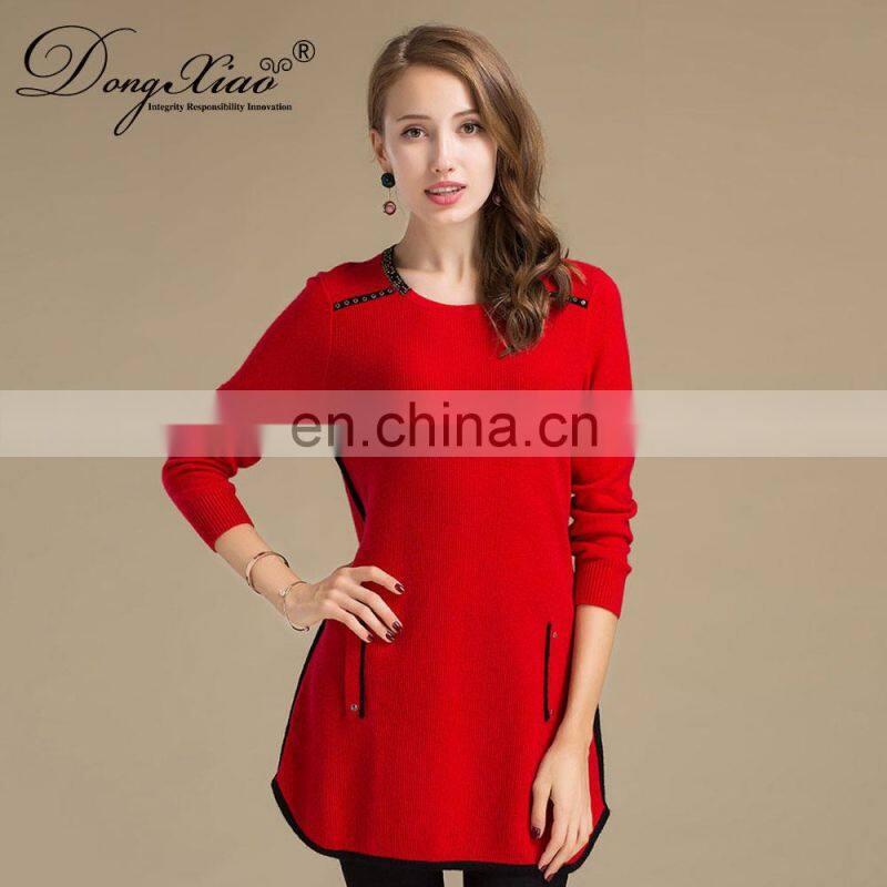 China Women's Red Long-Sleeved Slim Fit Sweater Knitted Casual Style Crew Neck Solid Pattern Winter Season