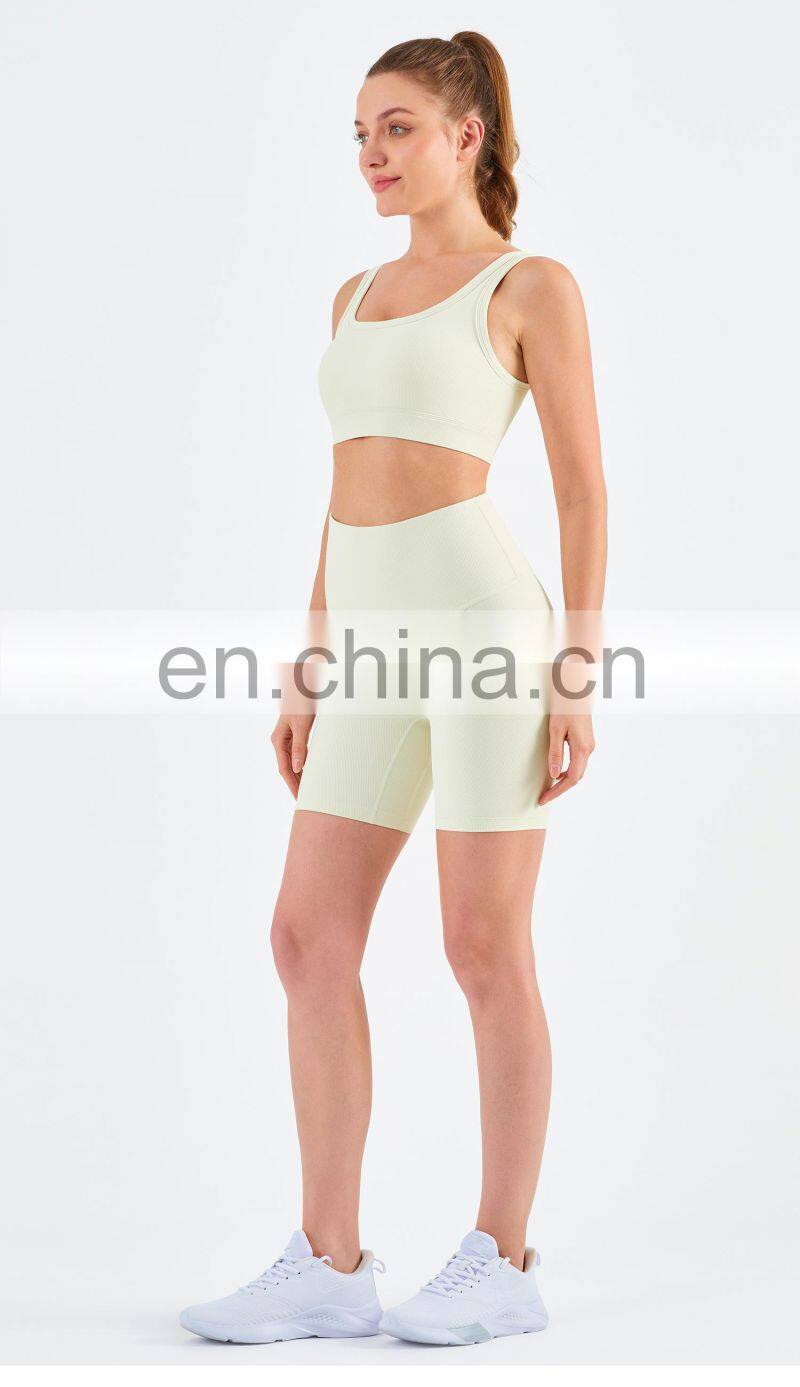 Athletic Ribbed Yoga Fitness Women Square Neckline Sports Bra Biker Shorts Set Gym