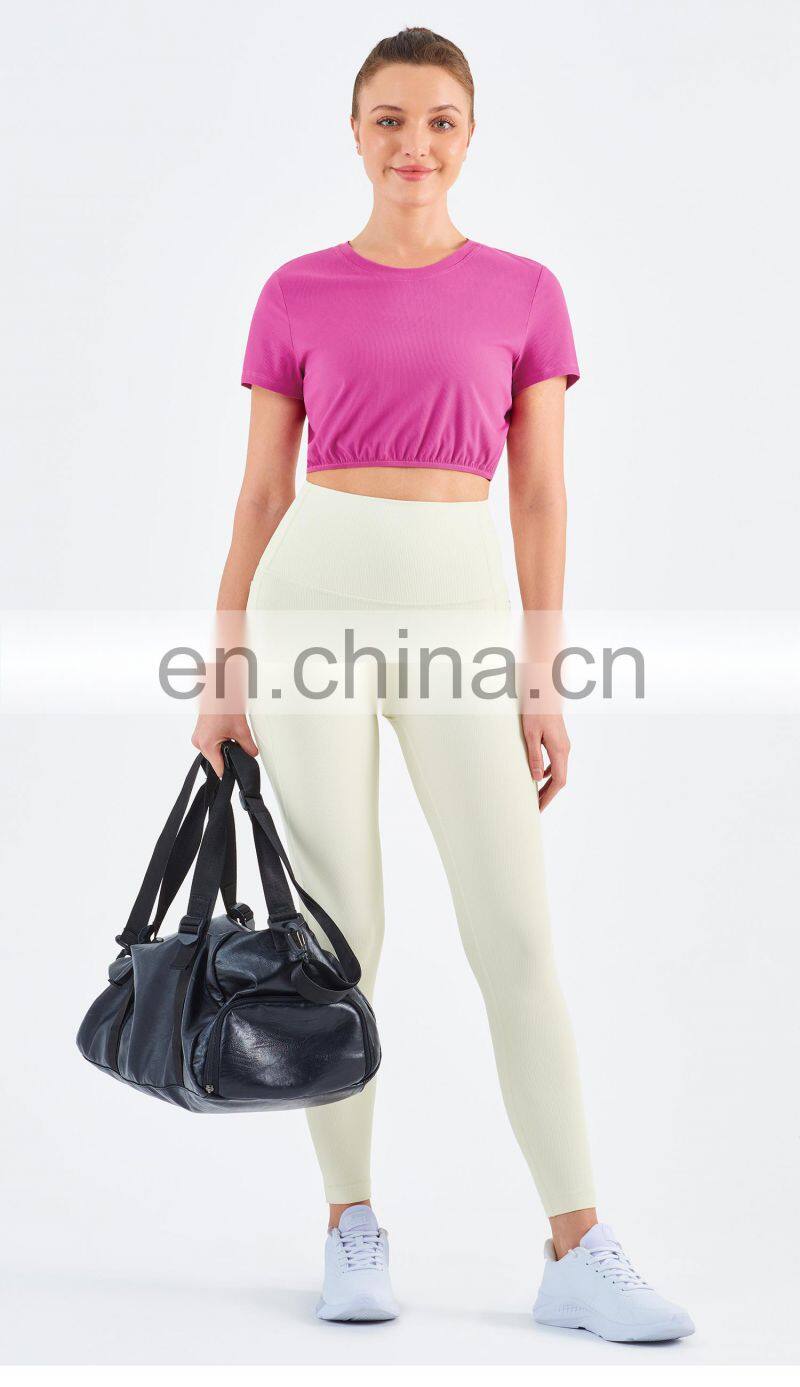 Wholesale Gym Ribbed Yoga T Shirt Elastic Legging Sets Custom Fitness Wear