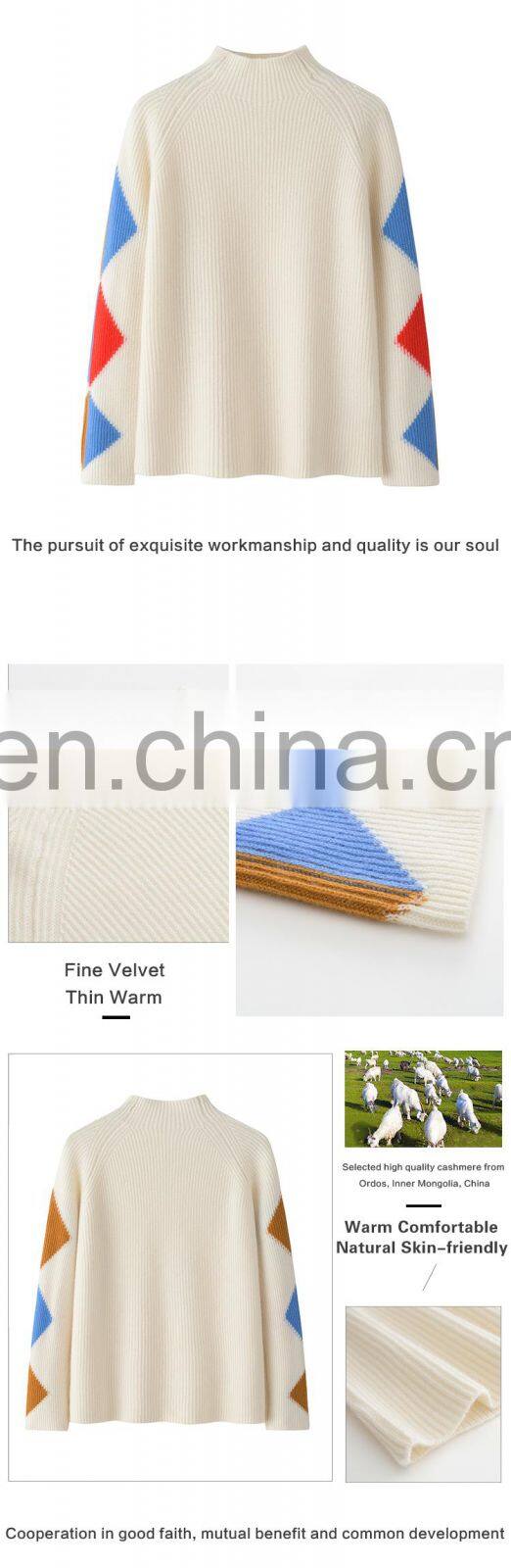 High End 100% Cashmere Pullover for Women Wholesale Casual Winter Sweater with Geometric Rib round Neck Design"