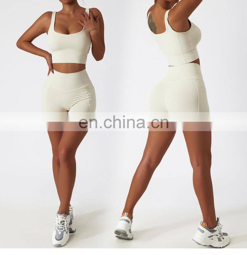 4 Pcs Sportswear Women Yoga Biker Pockets Shorts Oem Gym Fitness One Shoulder Sexy Bra Sets