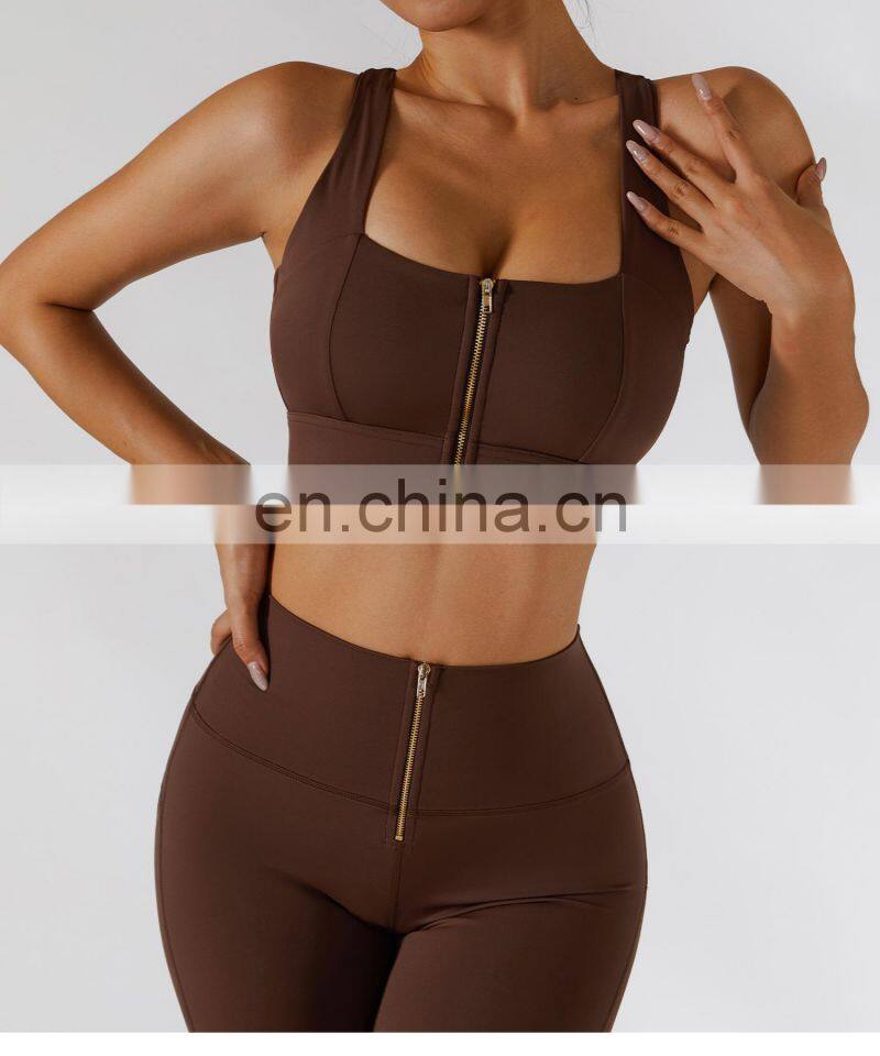 Custom Sexy Front Zip Women Gym Sports Bras Hollow Cross Backless Fitness Yoga Tops