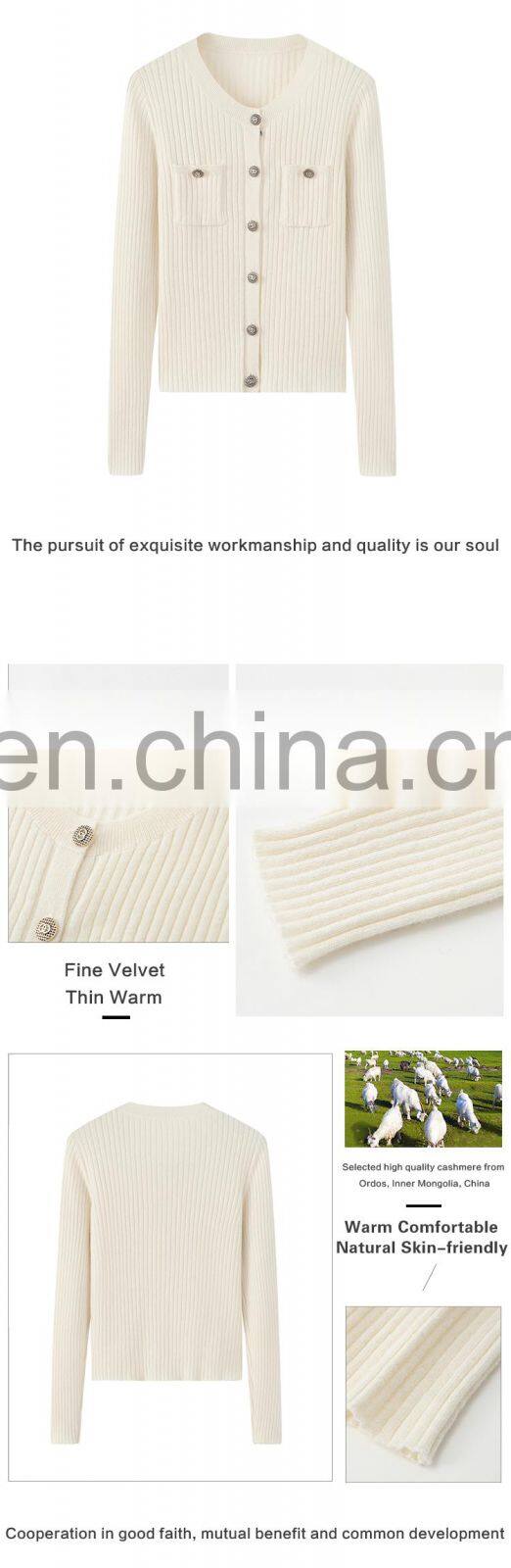 Wholesale Rib Knitted Round Neck Sweater Women's Button Down Cashmere Cardigan