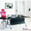 liansheng latest design luxury tempered black glass office desk with R-shape stainless steel base