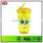 16 Ounce Yellow plastic double wall tumbler with push down straw for beverage