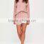 Hot Sale Pink Stripe Hoodies Drop Shoulder Custom Color 100% Cotton And Piping Running Short Pyjamas Set