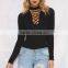 Women Fashion Sexy bodysuit Long Sleeve Top Deep V Lace-up Ribbed Jumpsuits