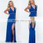 Sexy Empire Sheer Beaded Back Side Slit Royal Blue Evening Dress Online Shipping Blow Back Gown