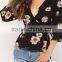 New Designs Ladies Fashion Deep v Neck 3/4 Sleeveless Floral Print Surplice Wrap Blouse