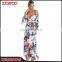 Sexy Lady Off Shoulder Flower Print Maxi Dresses Women Deep V Neck Halter Casual Dress