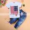 Baby Boy Outfit US Flag Print 2pcs Tops + Long Denim Pants Children Boy Short Sleeve Shirt Kids Clothing Set