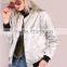 Women Satin Zip Up Jacket Sleek Metallic Bomber Jacket Silver Ribbing Trim Outwear With Side Pockets