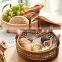 Hot Product Woven Rattan storage basket With Wooden Plate Serving Tray With Leather Handle for Table Wholesale
