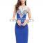 New arrival Women evening wear sleeveless navy blue bodycon dress with lace trims