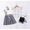 2019 Fly Sleeve White Round Neck T-shirt & Plaid Ruffle Skirt Girls Cotton Outfit 2pcs set