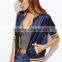 Women Custom Back Embroideried Zip Up Coat Striped Half Sleeve Satin Bomber Jacket Navy Blue