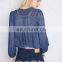 Lace trimed long sleeve woman surplice woven top