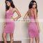 High quality wide strap bodycon tee dress lady, bra open Nylon dress