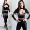 Amigo 2017 new design two piece sexy party wear bandage pants suit with long sleeve lace dew chest crop top and bodycon trouser