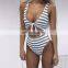 2017 Stripe Print Cut Out One Piece Swimsuit