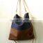 Custom large denim tote bag with leather handle