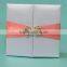 Hot sale elegant white silk folio wedding invitations with pink ribbons & crystal brooches