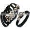 Black Leather Braided Wristband Tibetan Silver Clasp Men Punk Skull Bracelet