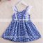 New arrival children clothes lace trim bule plaid kids clothing wholesale 100%cotton baby nice dress