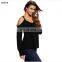 Women European style oversized v neck cold shoulder sweater