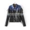 Women's new style PU leather denim rivet zipper stitching lapels tie belt belt belt motorcycle jacket