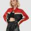 2025 Internet red block spliced PU leather waist-exposed cool women's leather jacket customization