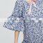 Wholesale Blue Pure cotton Gingham floral print Round neck Ruffle sleeves Cut-out back Smock style Dress