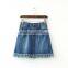 Blue wash technics attractive design women ripped tassel fringed bottom girls short denim jeans skirt