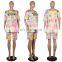 Wholesale women tie dye and printing 2 two piece bodycon outfit T shirt and short sets