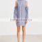 Blue Striped Open Shoulder Ruffle And Drawstring Sleeve Dress Women Casual Dress Spring Summer Long Sleeve Dress