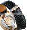 Gents Men's Golden Case Skeleton Dial Hand-Wind Up Leather Mechanical Watch