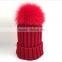 Myfur Teen Girls Winter Wool Hats With Large Real Fox Fur Pom Poms