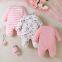 3pcs Newborn Baby's Solid Color/Cartoon Bowknot Dog Print Long Sleeve Footie, Toddler & Infant Girl's Comfy Footed Romper For Spring Fall