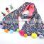 Good Quality Cute Sweet Small Floral Print Colorful Pom Pom Balls Fashion Baby Girls Winter Scarf