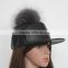 Myfur Man Handsome Style Pure Leather Baseball Cap Hat with Real Silver Fox Fur Bobble Cap